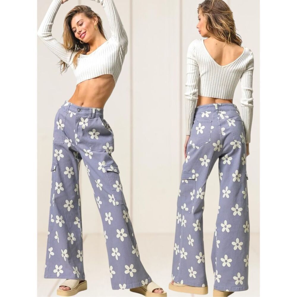 BiBi Dusty Lavender Floral Wide Leg Cargo Pants Daisy Print Boho Festival NWT - Picture 6 of 12